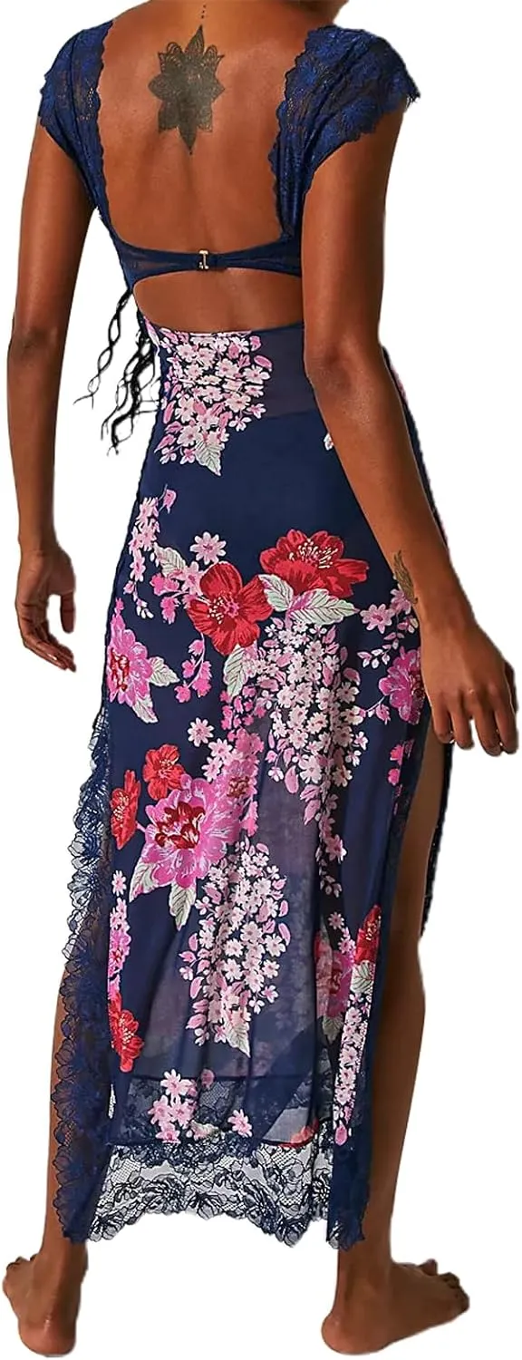 Women Sleeveless Maxi Dress Backless Bodycon Floral Printed Spaghetti Strap Long Dress Summer Lace Cutout Dress