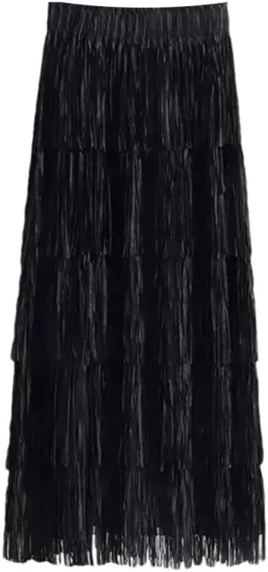 Women Slimming Fringed Cake Skirt Elastic Waist Medium-Length Long Skirt