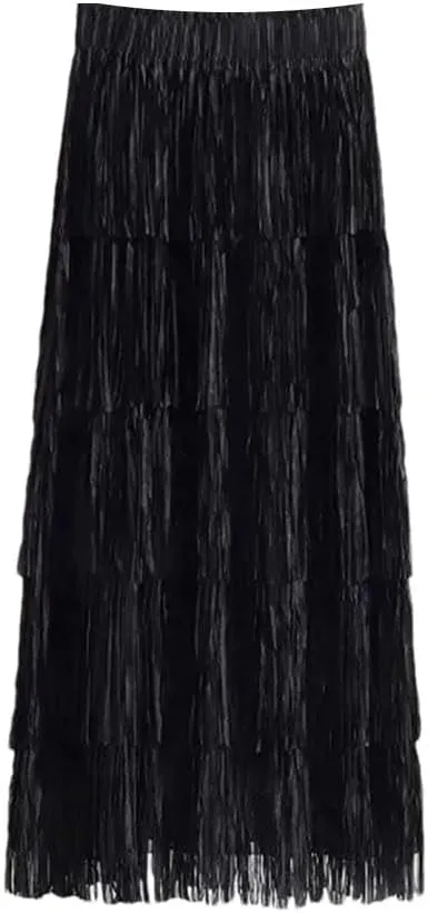 Women Slimming Fringed Cake Skirt Elastic Waist Medium-Length Long Skirt