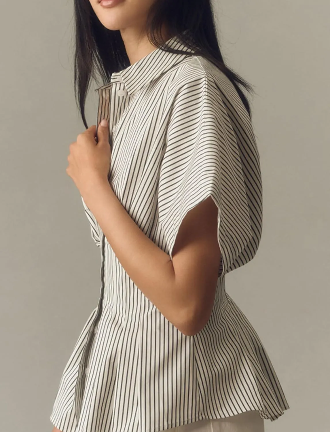 Women Striped Button Pleated Shirts Short Sleeve Summer Casual Peplum Blouse