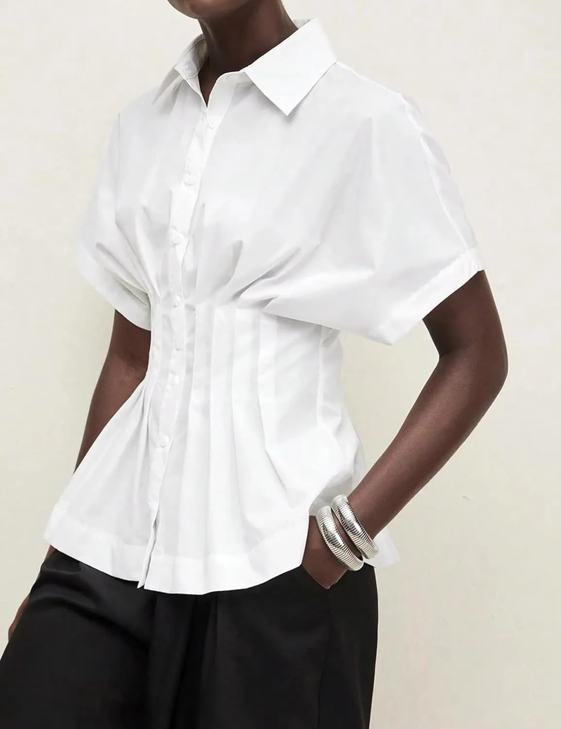 Women Striped Button Pleated Shirts Short Sleeve Summer Casual Peplum Blouse