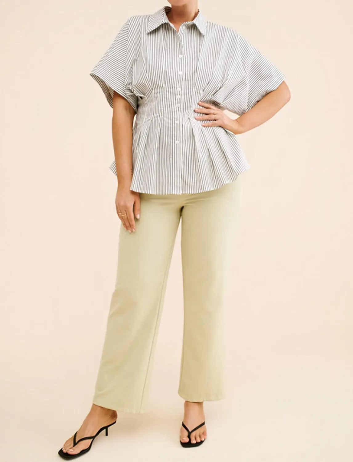 Women Striped Button Pleated Shirts Short Sleeve Summer Casual Peplum Blouse