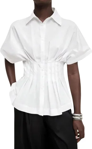 Women Striped Button Pleated Shirts Short Sleeve Summer Casual Peplum Blouse