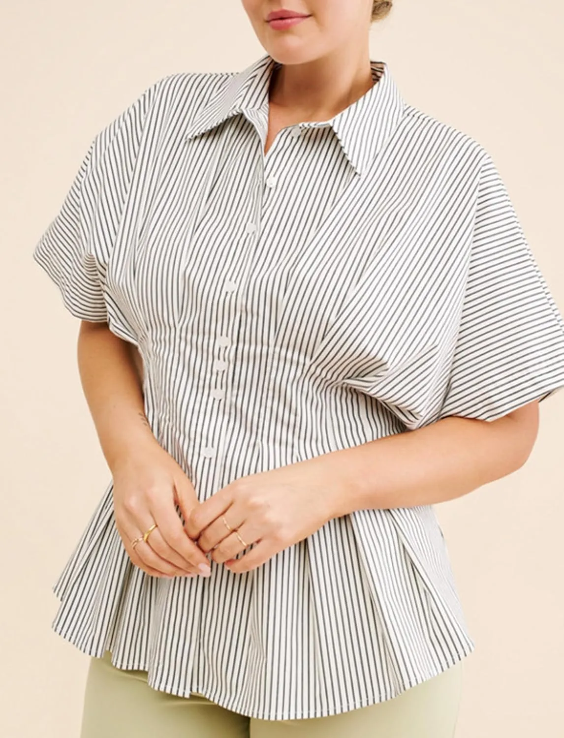 Women Striped Button Pleated Shirts Short Sleeve Summer Casual Peplum Blouse