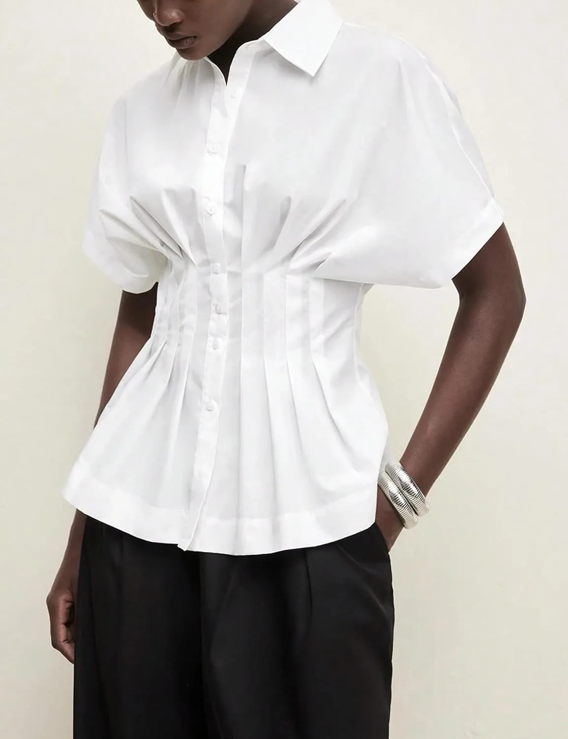 Women Striped Button Pleated Shirts Short Sleeve Summer Casual Peplum Blouse