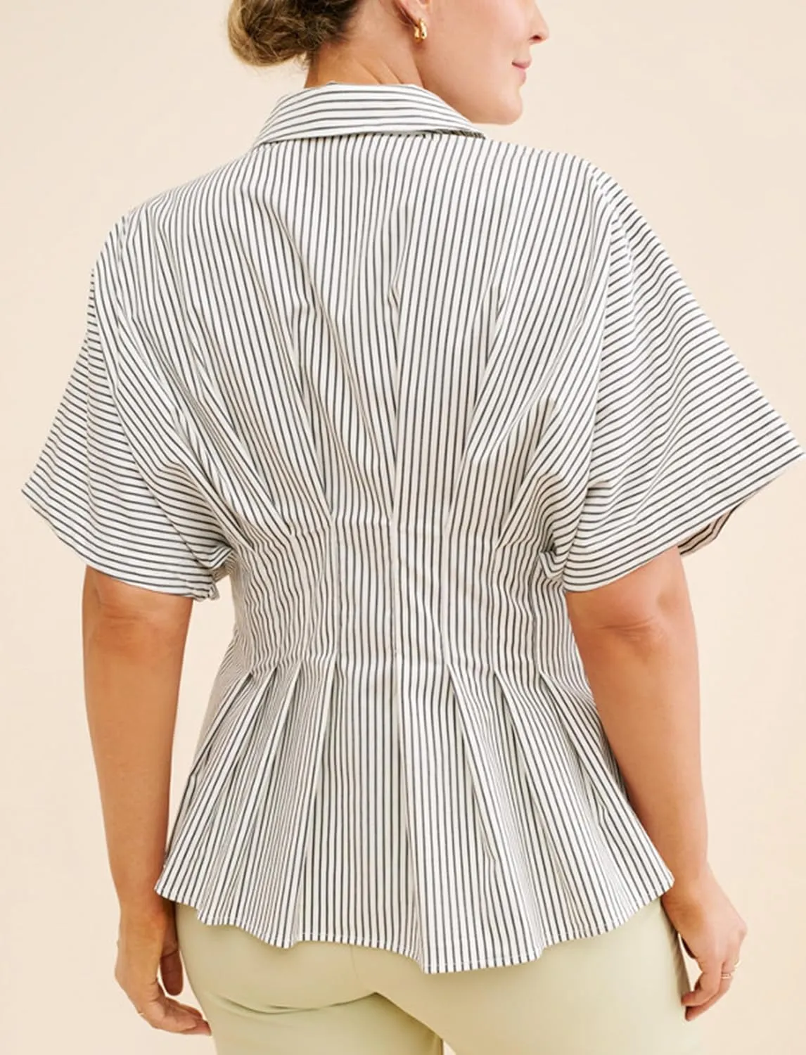 Women Striped Button Pleated Shirts Short Sleeve Summer Casual Peplum Blouse