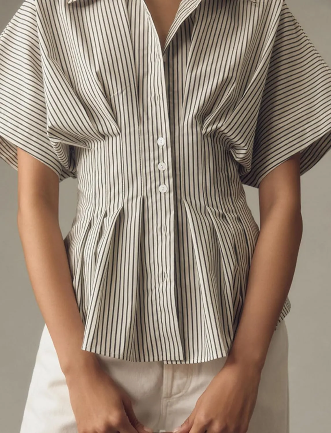Women Striped Button Pleated Shirts Short Sleeve Summer Casual Peplum Blouse