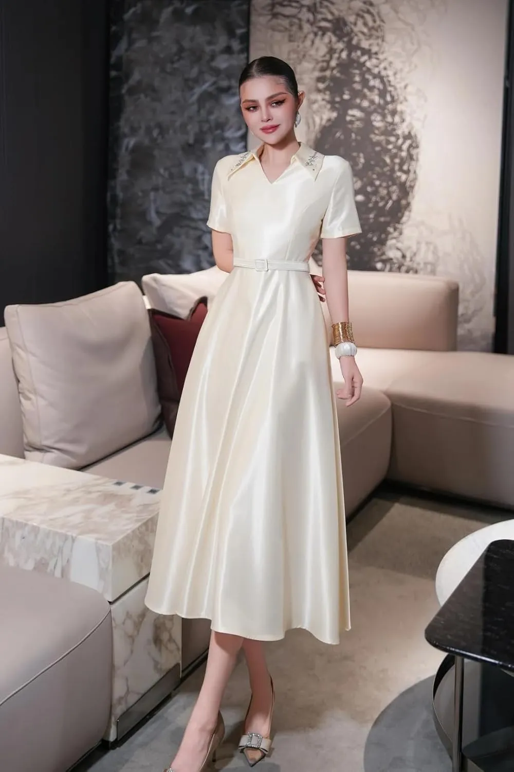 Women Summer Beaded Turn Down Collar Short Sleeve Solid Red White Elegant Party Events Midi Dress