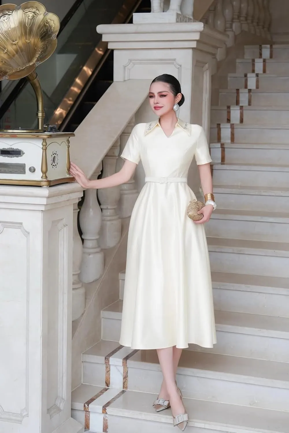 Women Summer Beaded Turn Down Collar Short Sleeve Solid Red White Elegant Party Events Midi Dress
