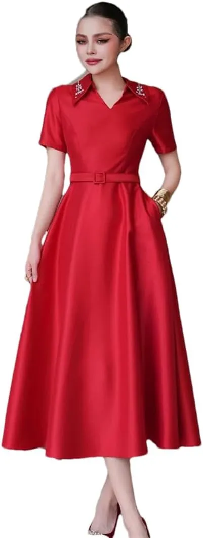 Women Summer Beaded Turn Down Collar Short Sleeve Solid Red White Elegant Party Events Midi Dress