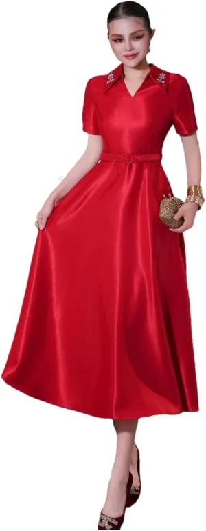 Women Summer Beaded Turn Down Collar Short Sleeve Solid Red White Elegant Party Events Midi Dress