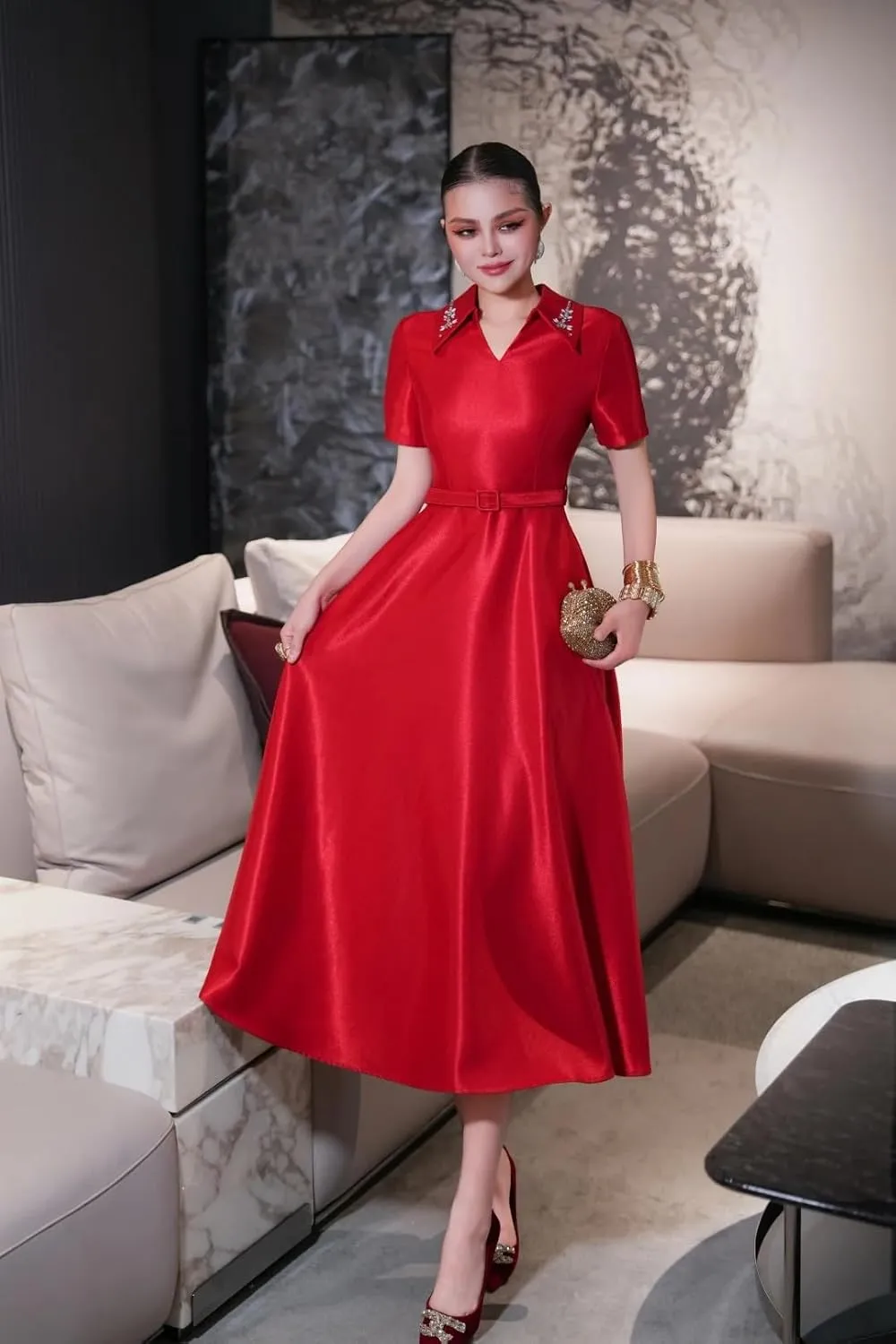 Women Summer Beaded Turn Down Collar Short Sleeve Solid Red White Elegant Party Events Midi Dress
