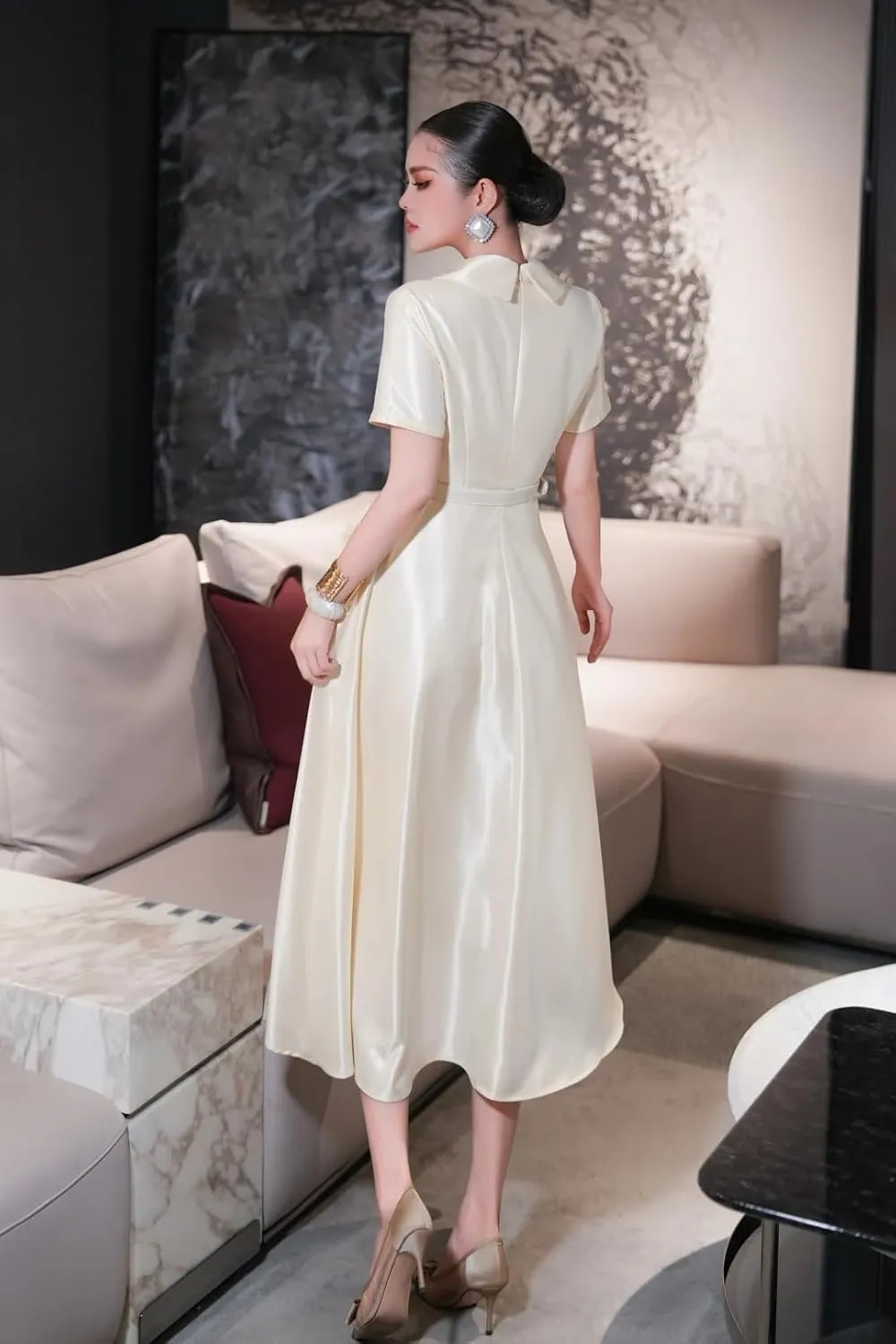 Women Summer Beaded Turn Down Collar Short Sleeve Solid Red White Elegant Party Events Midi Dress