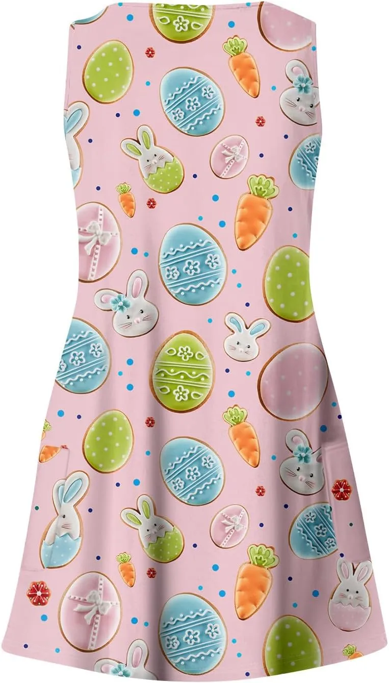 Women Summer Dresses 2025 Beach Swimsuit Coverup Printed V Neck Dress with Pocket Vacation Sleeveless Sundress