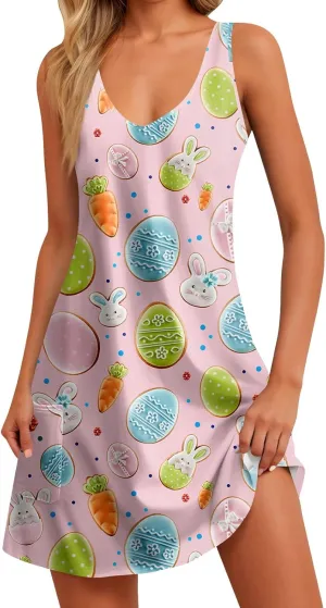 Women Summer Dresses 2025 Beach Swimsuit Coverup Printed V Neck Dress with Pocket Vacation Sleeveless Sundress