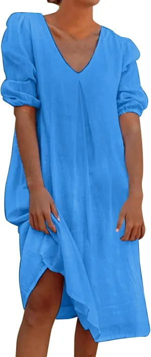Women Summer Linen Casual Dress Puff Sleeve V Neck Knee Length Flowy Swing Loose Dresses Plus Size