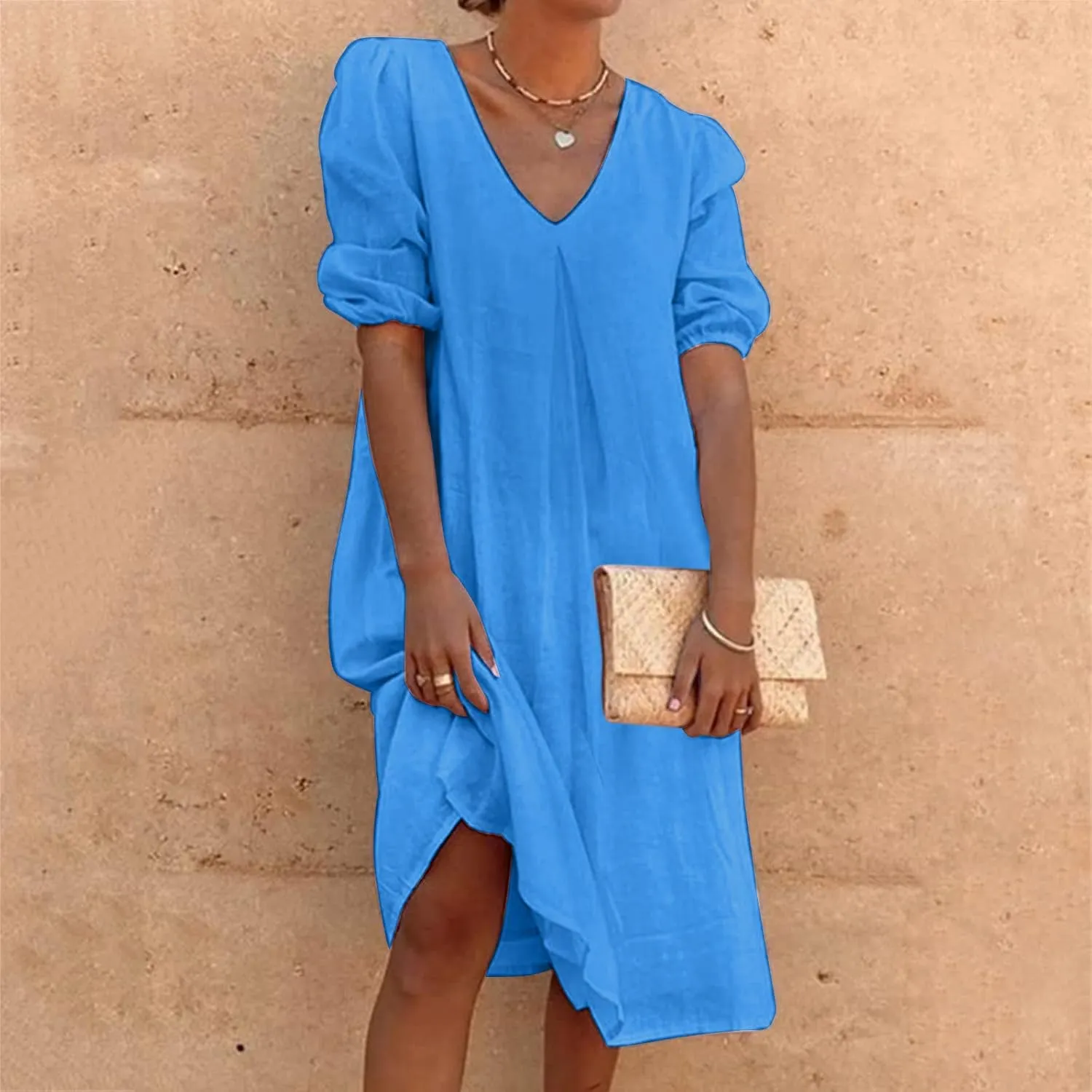 Women Summer Linen Casual Dress Puff Sleeve V Neck Knee Length Flowy Swing Loose Dresses Plus Size