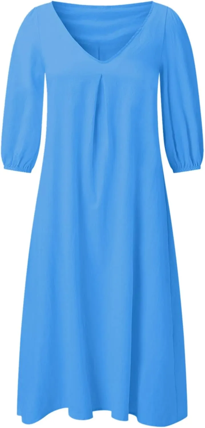 Women Summer Linen Casual Dress Puff Sleeve V Neck Knee Length Flowy Swing Loose Dresses Plus Size