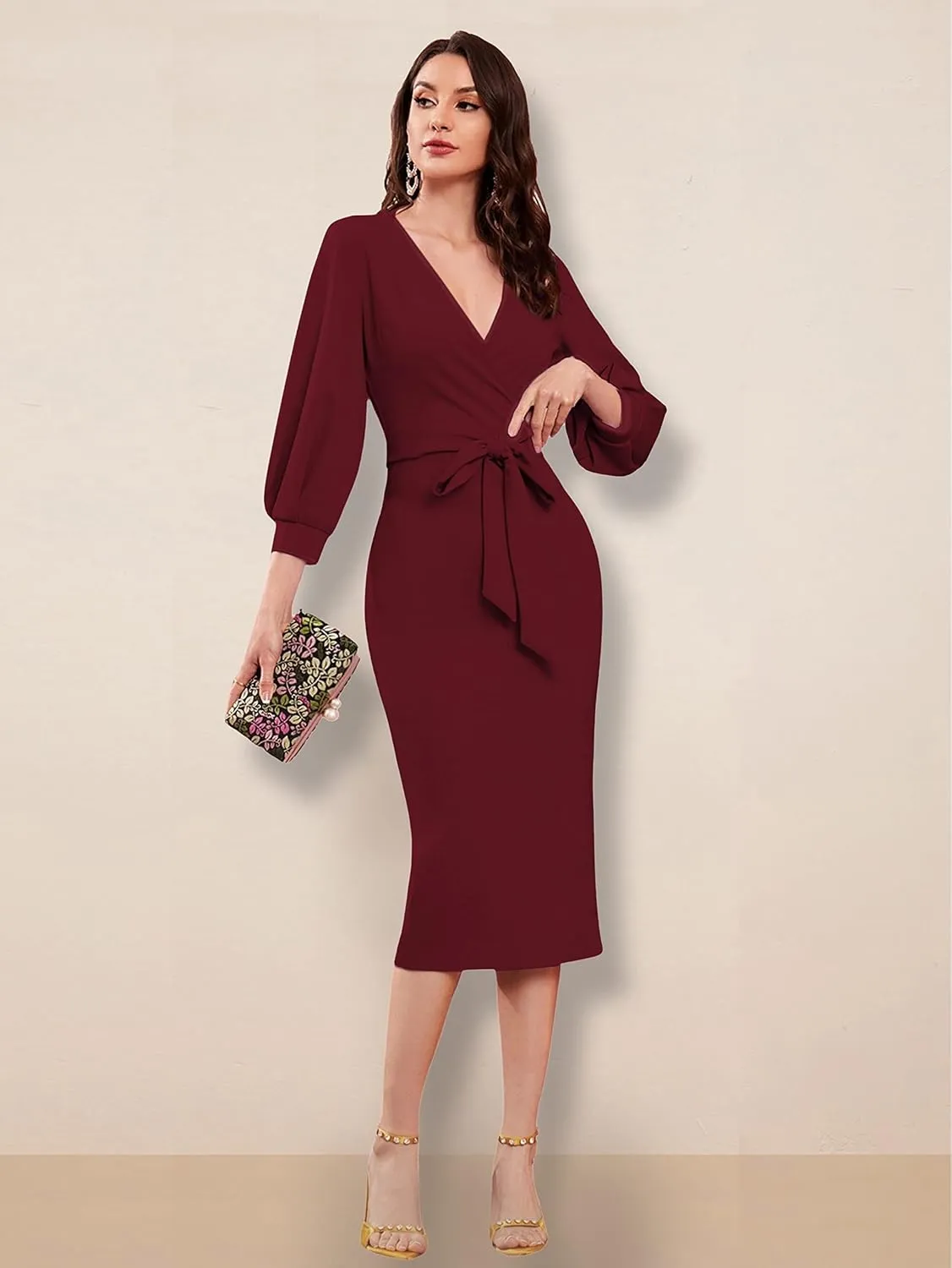 Women V Neck fulls Sleeve one Piece Formal Black Floral Western one Piece Knee-Length Dress