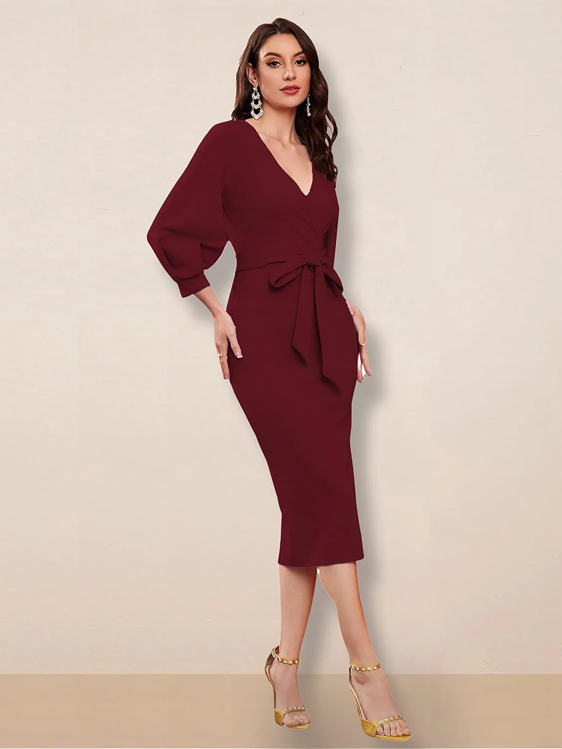 Women V Neck fulls Sleeve one Piece Formal Black Floral Western one Piece Knee-Length Dress