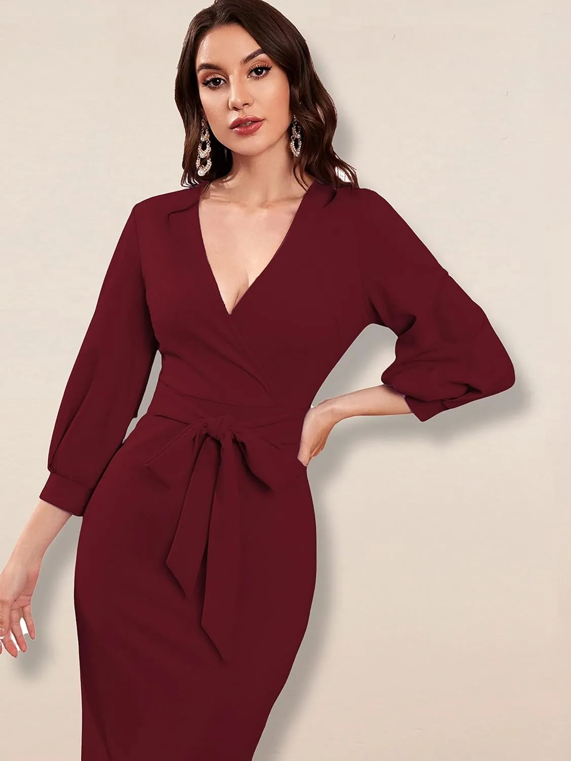 Women V Neck fulls Sleeve one Piece Formal Black Floral Western one Piece Knee-Length Dress