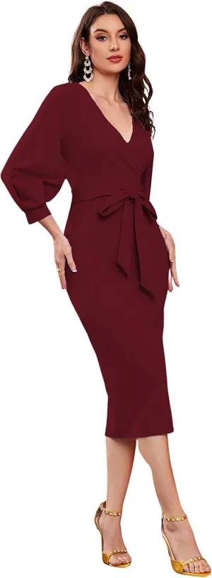 Women V Neck fulls Sleeve one Piece Formal Black Floral Western one Piece Knee-Length Dress