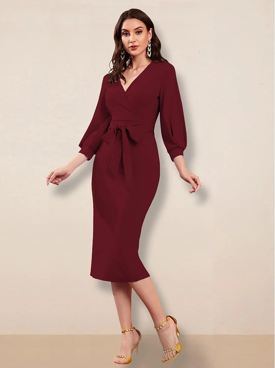 Women V Neck fulls Sleeve one Piece Formal Black Floral Western one Piece Knee-Length Dress
