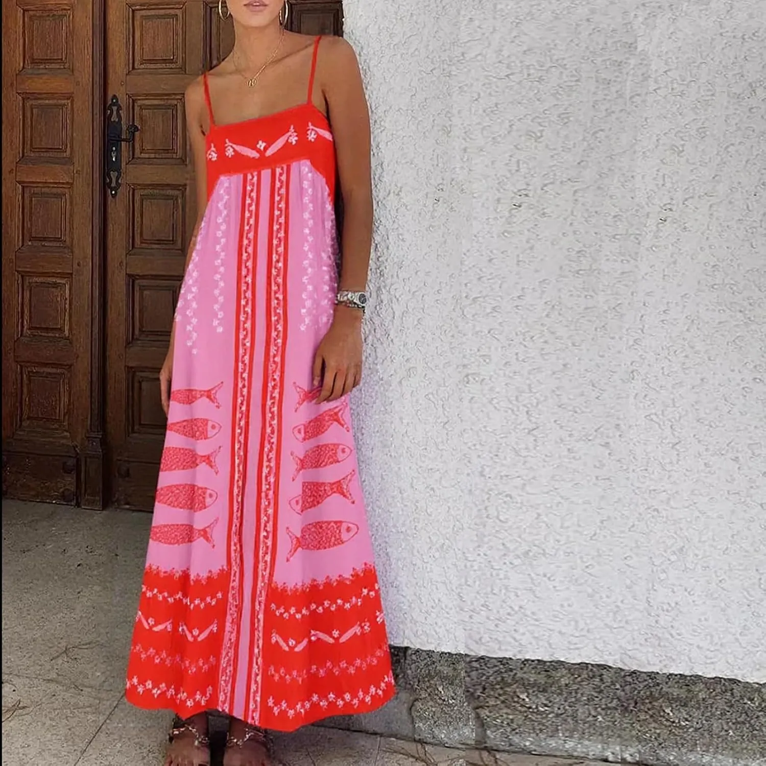 Women Vacation Floral Maxi Dress Boho Tiered Flowy Smocked Long Dresses Summer Backless Sundress