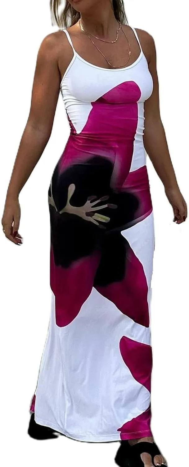 Women Y2k Floral Slip Dress Backless Spaghetti Strap Flower Slip Long Dress Lily Patchwork Bodycon Boho Maxi Sundress