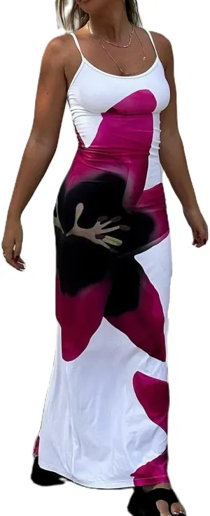 Women Y2k Floral Slip Dress Backless Spaghetti Strap Flower Slip Long Dress Lily Patchwork Bodycon Boho Maxi Sundress