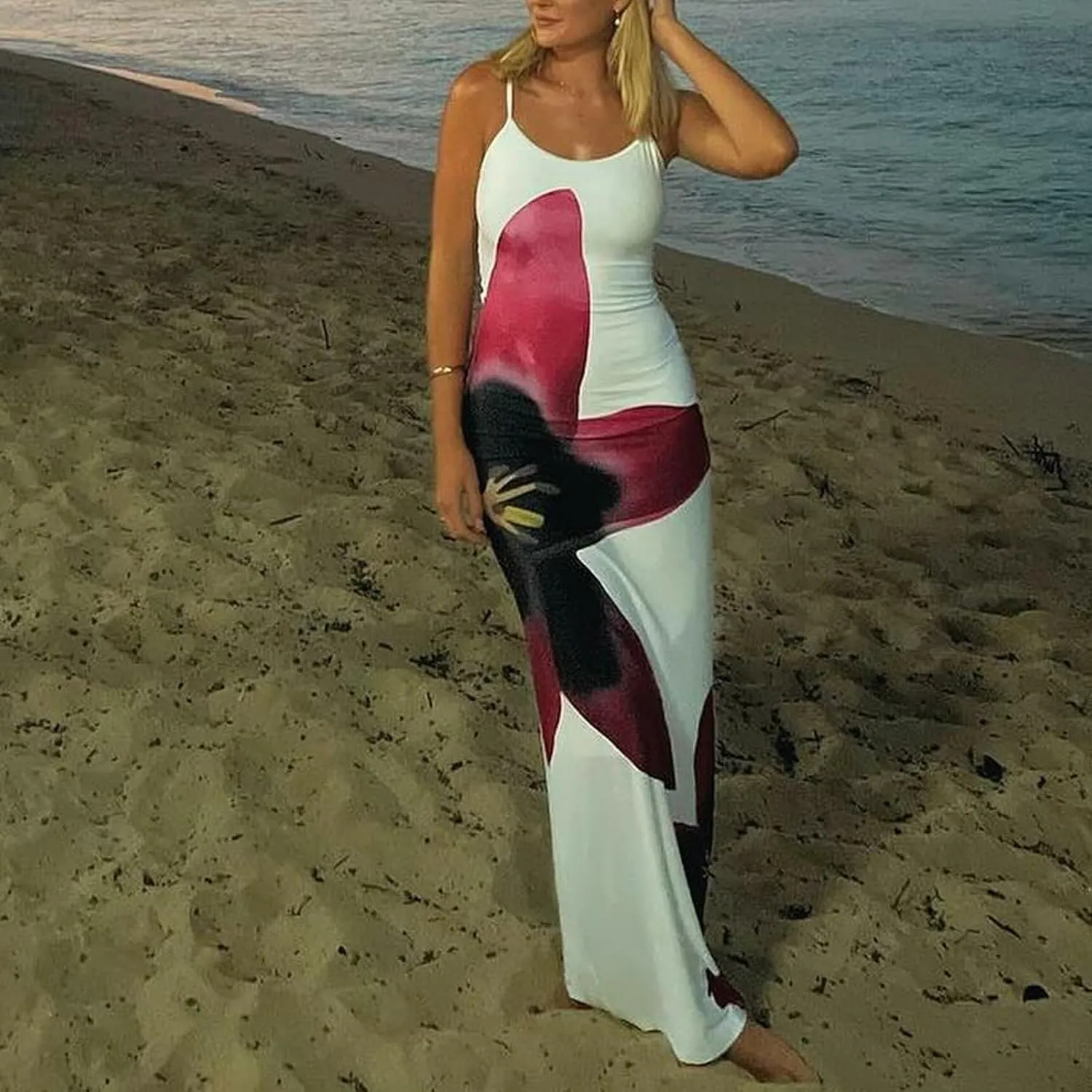 Women Y2k Floral Slip Dress Backless Spaghetti Strap Flower Slip Long Dress Lily Patchwork Bodycon Boho Maxi Sundress