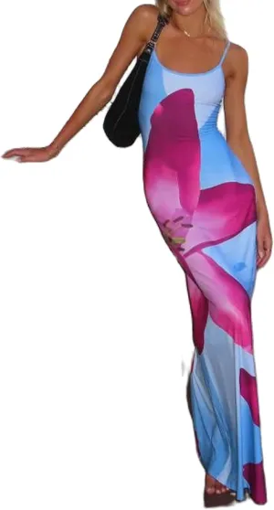 Women Y2k Floral Slip Dress Backless Spaghetti Strap Flower Slip Long Dress Lily Patchwork Bodycon Boho Maxi Sundress
