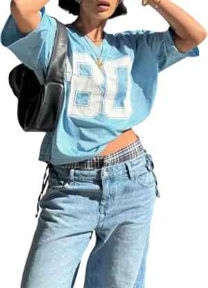Women Y2k Oversized Jersey Summer Top Number Graphic Tee T-Shirt V Neck Short Sleeve Sport Casual Shirts Streetwear