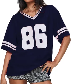 Women Y2k Oversized Jersey Summer Top Number Graphic Tee T-Shirt V Neck Short Sleeve Sport Casual Shirts Streetwear