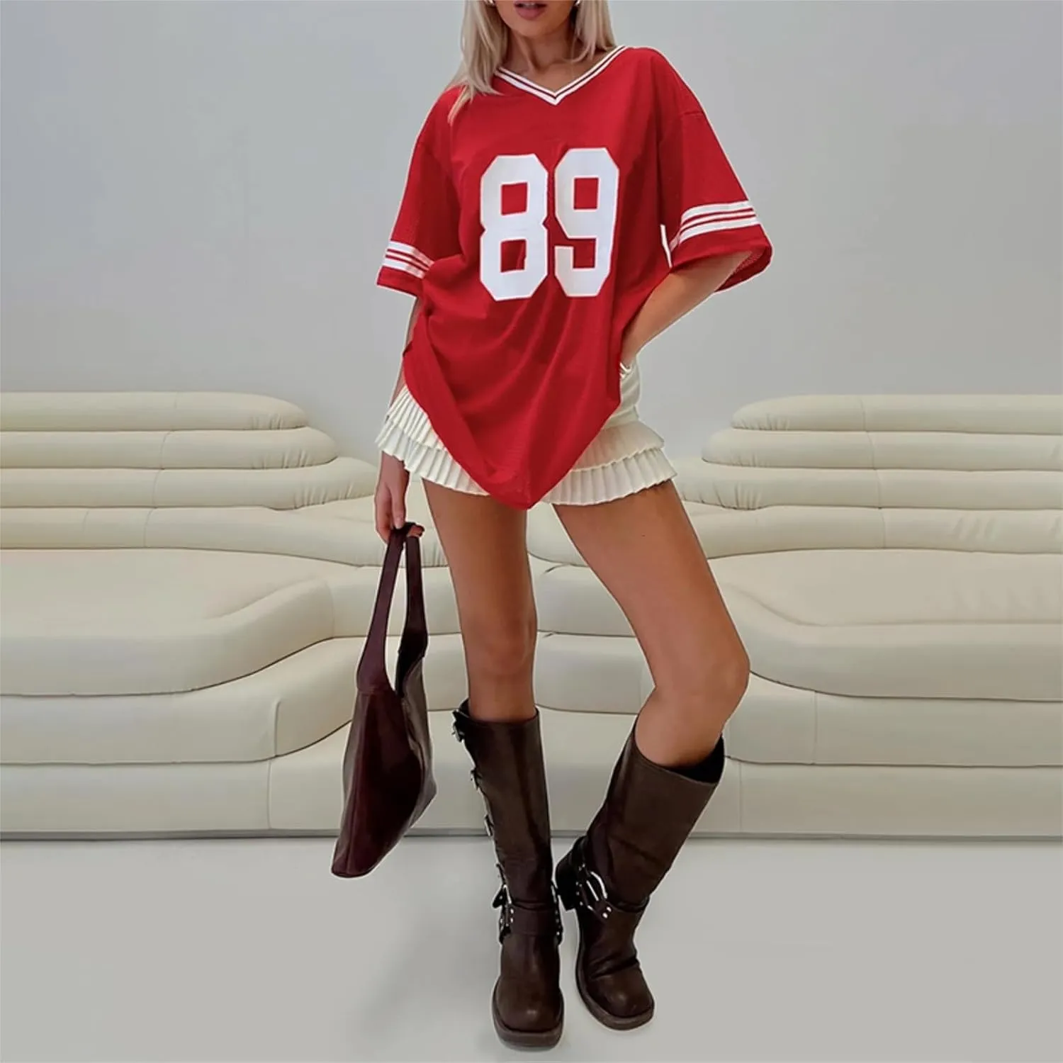 Women Y2k Oversized Jersey Summer Top Number Graphic Tee T-Shirt V Neck Short Sleeve Sport Casual Shirts Streetwear