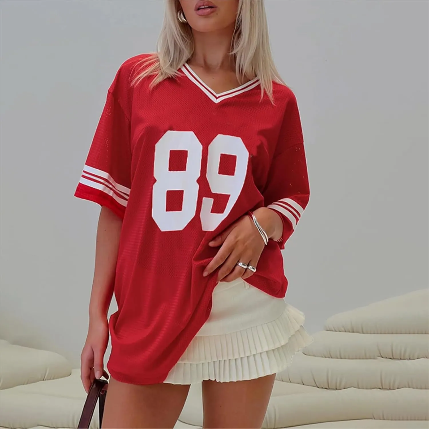 Women Y2k Oversized Jersey Summer Top Number Graphic Tee T-Shirt V Neck Short Sleeve Sport Casual Shirts Streetwear