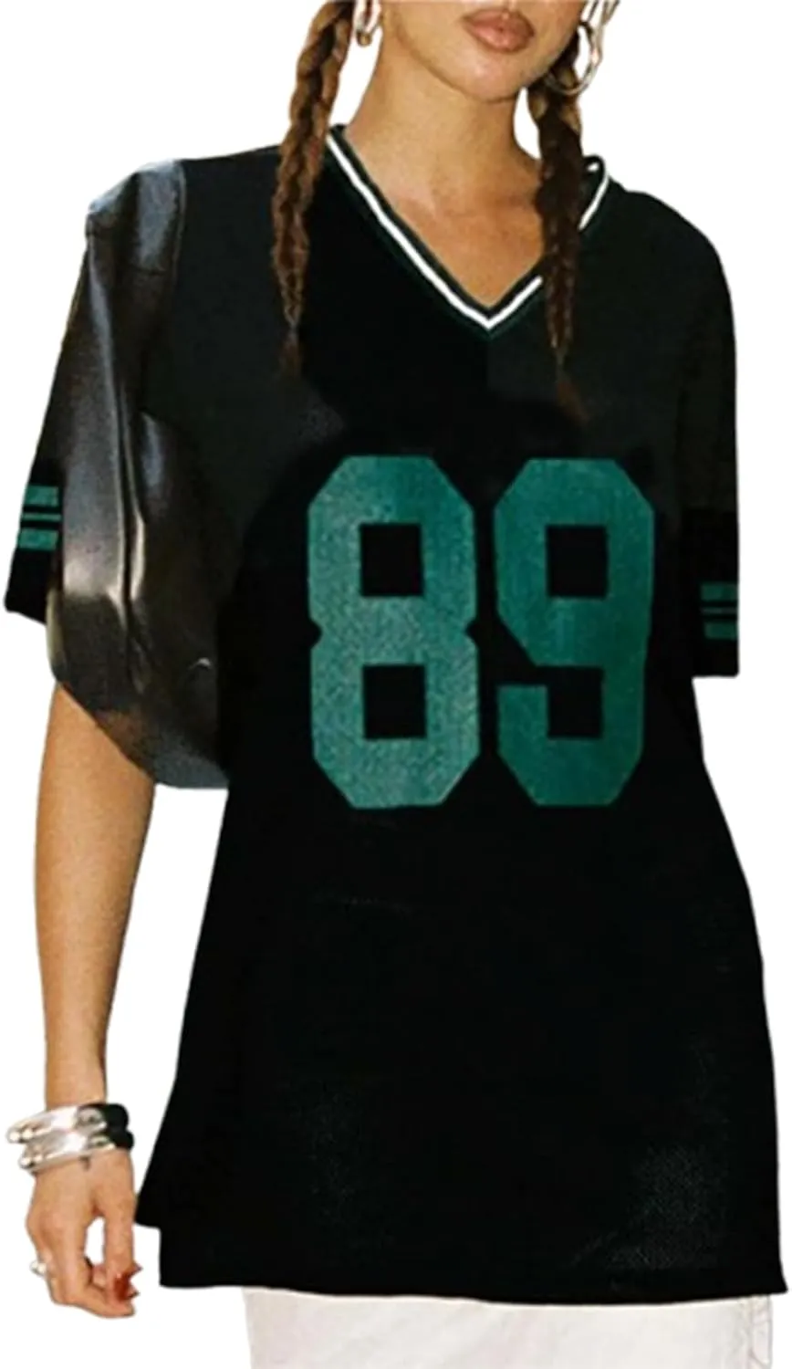 Women Y2k Oversized Jersey Summer Top Number Graphic Tee T-Shirt V Neck Short Sleeve Sport Casual Shirts Streetwear
