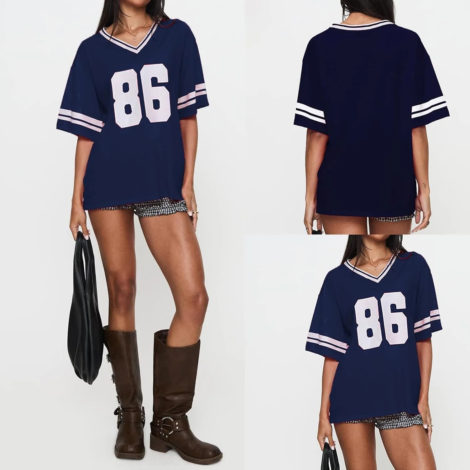 Women Y2k Oversized Jersey Summer Top Number Graphic Tee T-Shirt V Neck Short Sleeve Sport Casual Shirts Streetwear