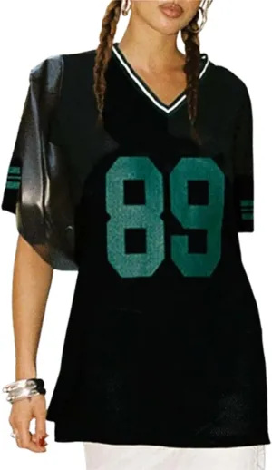 Women Y2k Oversized Jersey Summer Top Number Graphic Tee T-Shirt V Neck Short Sleeve Sport Casual Shirts Streetwear