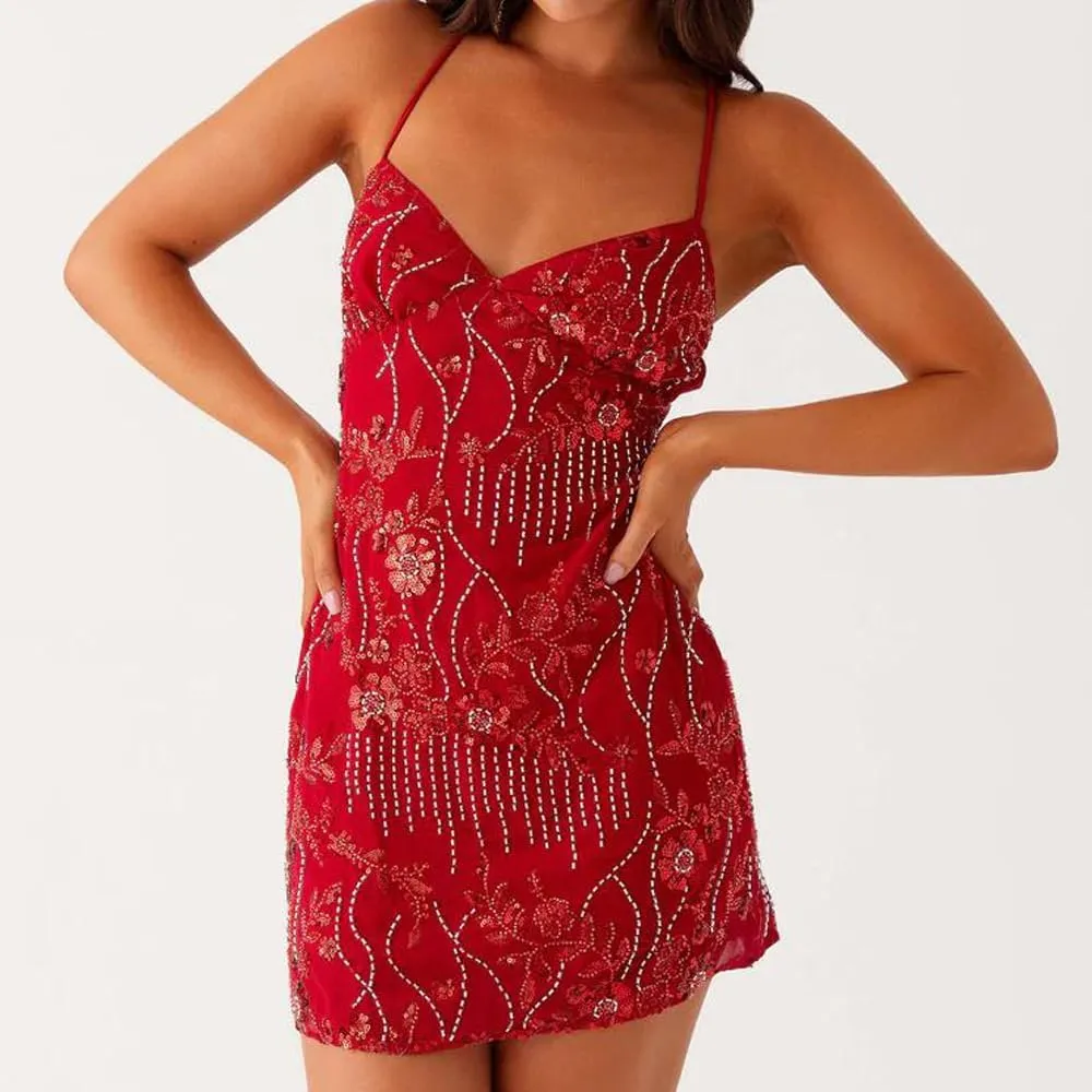 Women Y2K Sequin Mini Dress Sparkly Glitter Floral Spaghetti Strap Backless Bodycon Short Dress Cocktail Party Club