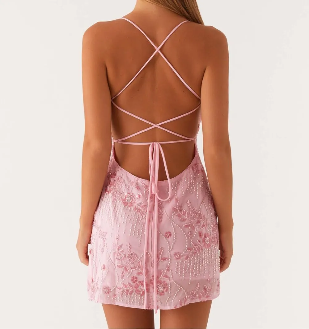 Women Y2K Sequin Mini Dress Sparkly Glitter Floral Spaghetti Strap Backless Bodycon Short Dress Cocktail Party Club