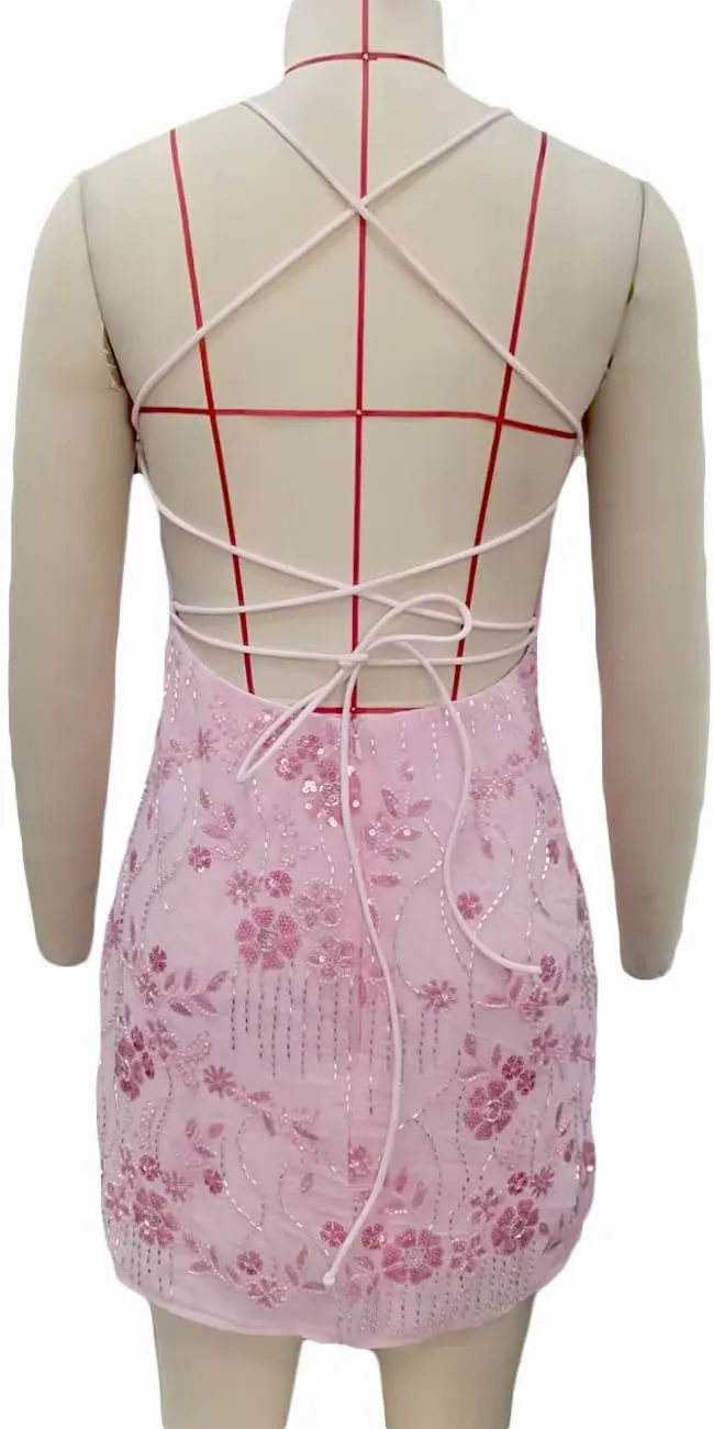 Women Y2K Sequin Mini Dress Sparkly Glitter Floral Spaghetti Strap Backless Bodycon Short Dress Cocktail Party Club