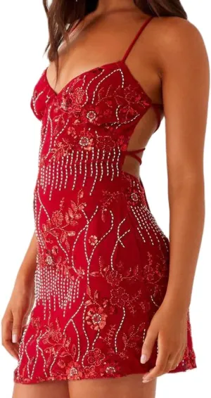 Women Y2K Sequin Mini Dress Sparkly Glitter Floral Spaghetti Strap Backless Bodycon Short Dress Cocktail Party Club