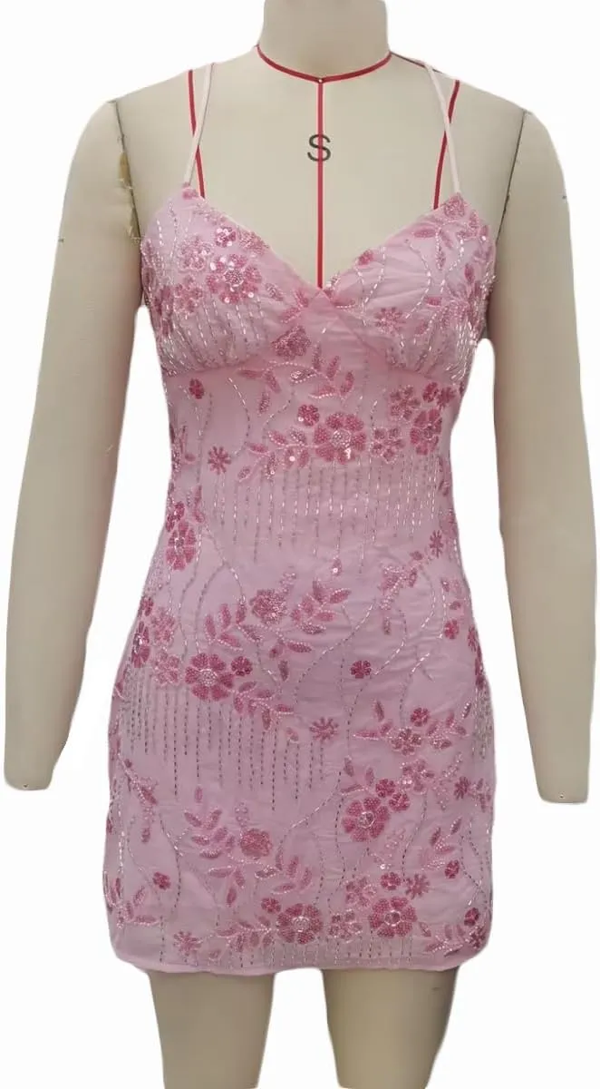Women Y2K Sequin Mini Dress Sparkly Glitter Floral Spaghetti Strap Backless Bodycon Short Dress Cocktail Party Club