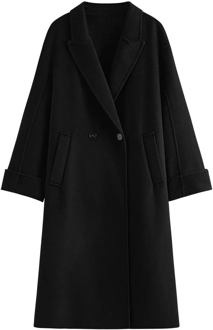 Women's 100 Percent Wool Lapel Drop Shoulder Tweed Coat Classic Jacket Medium-Length Thermal Pea Coat