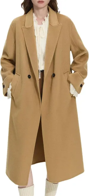 Women's 100 Percent Wool Lapel Drop Shoulder Tweed Coat Classic Jacket Medium-Length Thermal Pea Coat