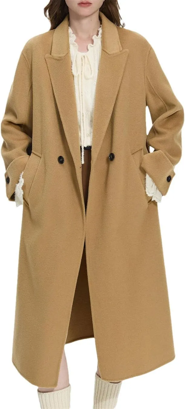 Women's 100 Percent Wool Lapel Drop Shoulder Tweed Coat Classic Jacket Medium-Length Thermal Pea Coat