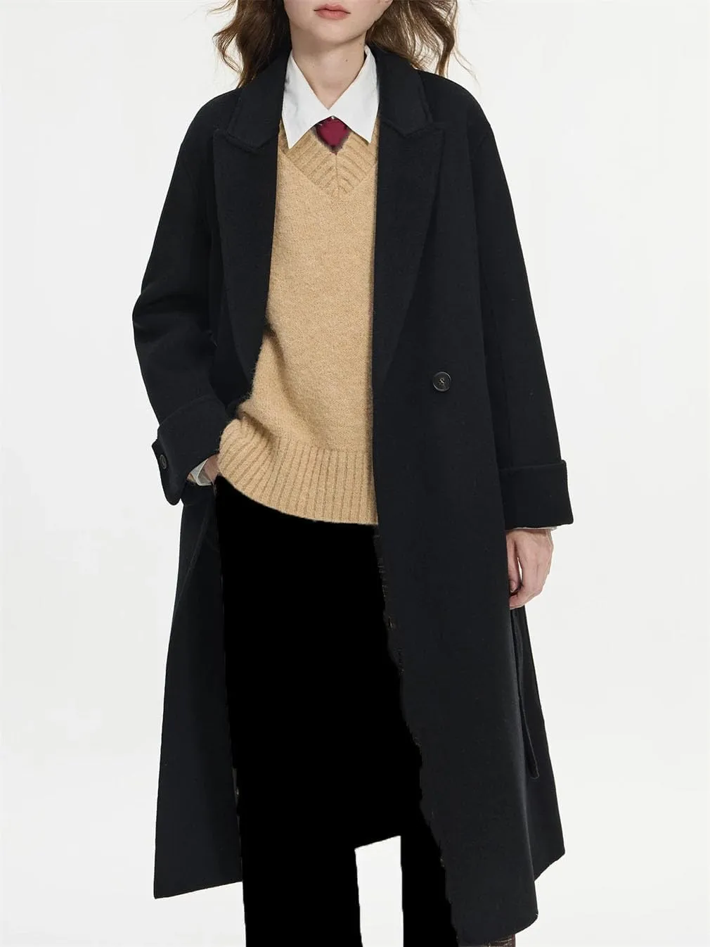 Women's 100 Percent Wool Lapel Drop Shoulder Tweed Coat Classic Jacket Medium-Length Thermal Pea Coat