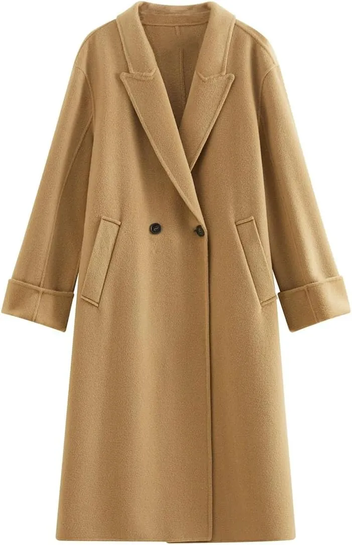 Women's 100 Percent Wool Lapel Drop Shoulder Tweed Coat Classic Jacket Medium-Length Thermal Pea Coat