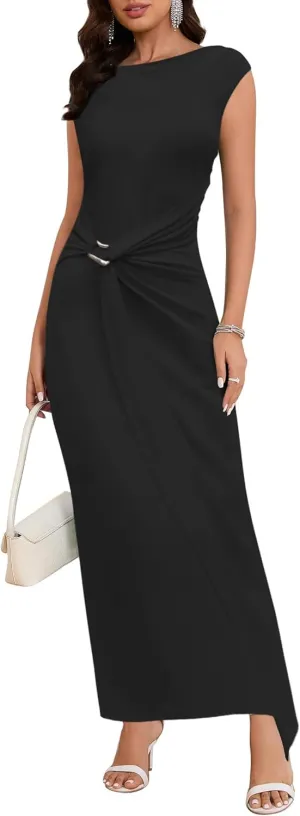 Women's 2025 Summer Ruched Bodycon Maxi Dress Casual Mock Neck Cap Sleeve Elegant Wedding Guest Cocktail Party Dresses